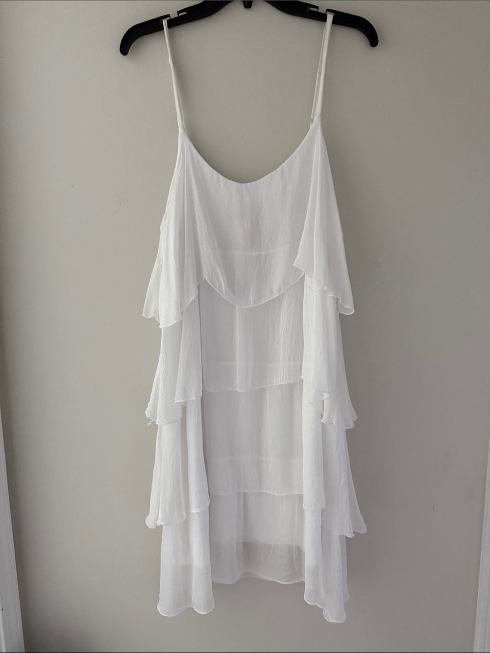 Liabella Silk White Tiered Ruffle Spaghetti Strap Dress